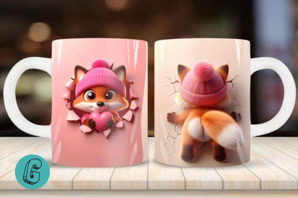 3D Fox Valentine Mug Wrap: A Creative Design Asset