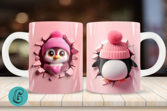 Valentine Penguin 3D Mug Wrap: A Charming Creative Asset