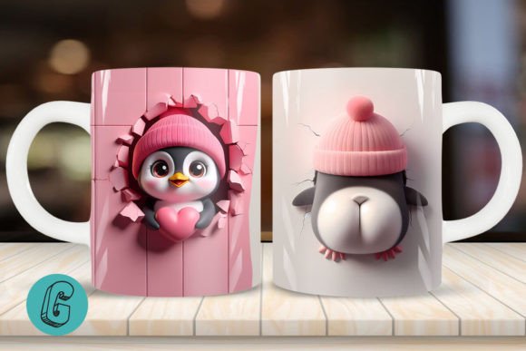 Valentine Penguin 3D Mug Wrap: A Charming Creative Asset