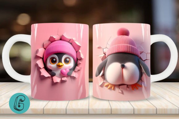 Valentine Penguin 3D Mug Wrap: A Delightful Design Asset